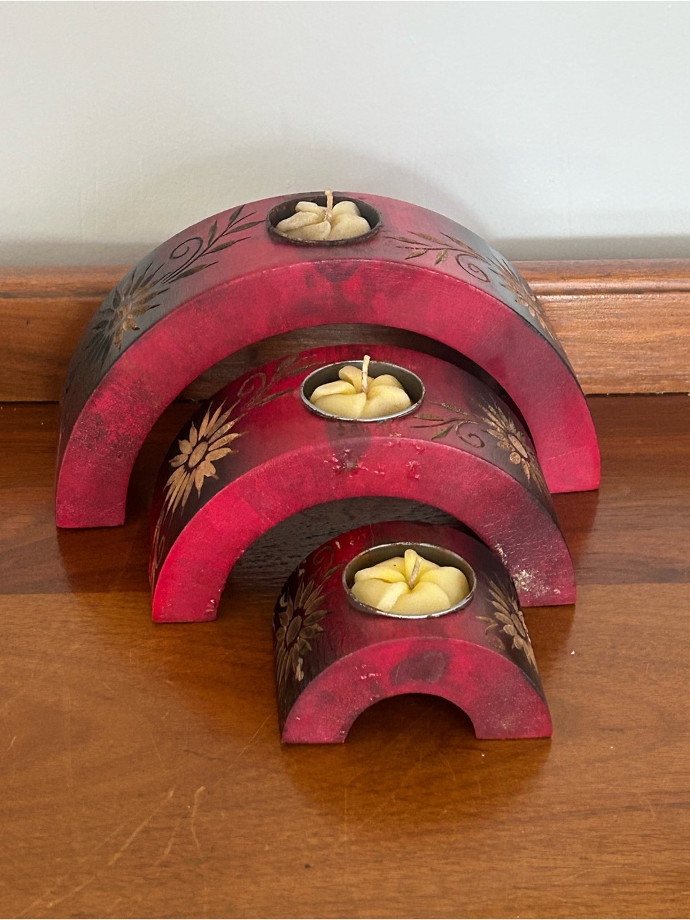 Hand-Painted Red Wood Tealight Candle Holders (Set of 3)